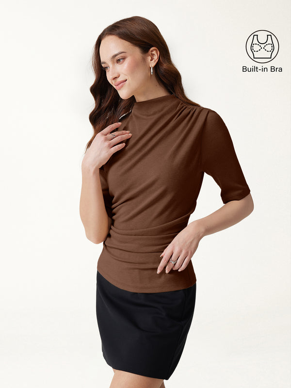 OGLmove LiteWarm Mock Neck Elbow Sleeve Ruched Built-In Bra Top 3.0 Sweet Hazelnut XXS