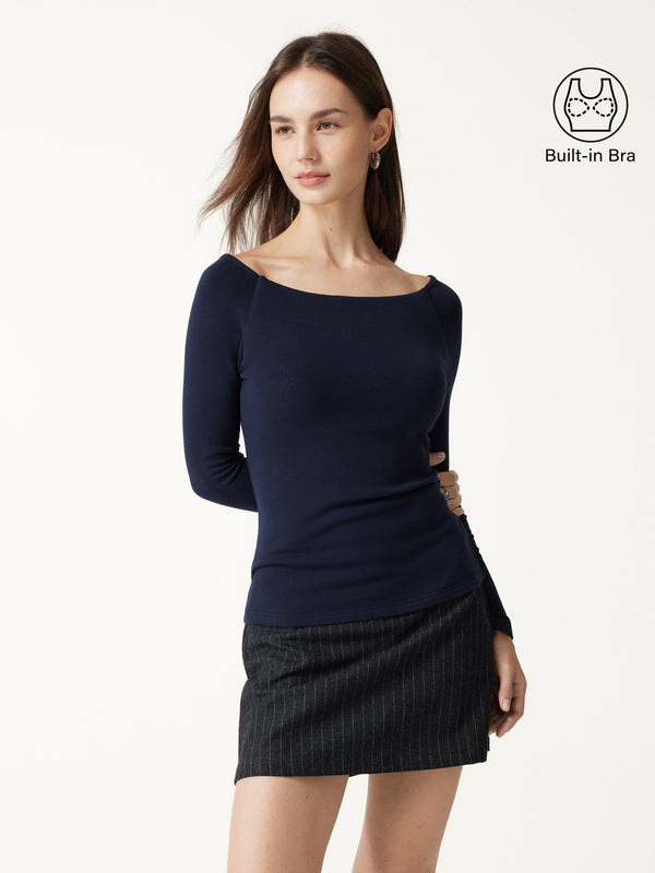 OGLmove Eco-Mousse® Slash Neck Raglan Sleeve Bra Top Smoky Navy XXS