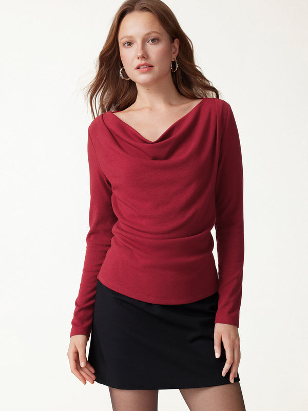 OGLmove Eco-Mousse® Cowl Neck Long Sleeve Draped Top Brick XXS