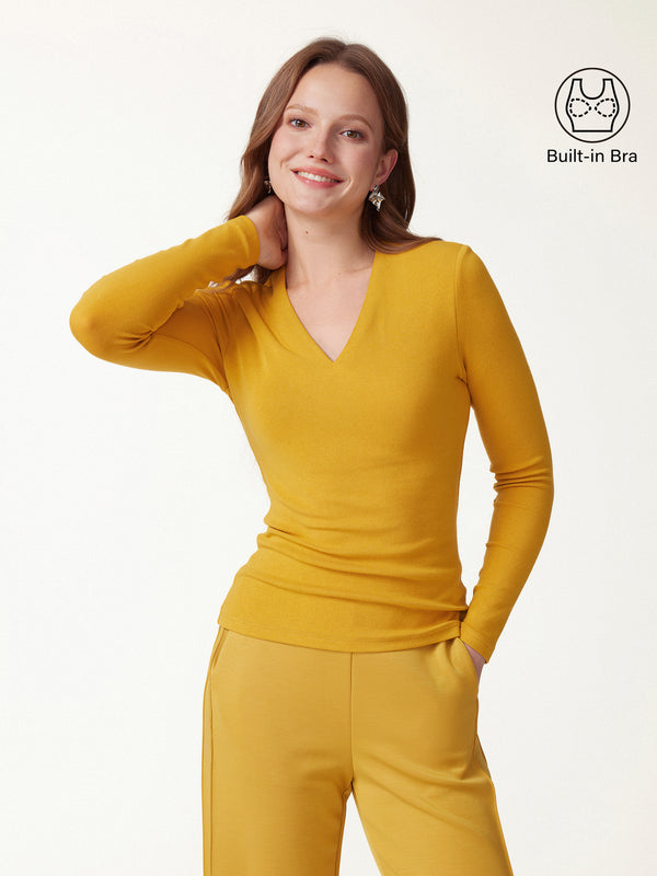OGLmove Eco-Mousse® V-Neck Long Sleeve Bra Top Sandy Yellow XXS