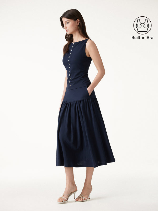 OGLmove 2Pcs Set Cropped Bra Top & Midi Skirt with Pockets Smoky Navy XS
