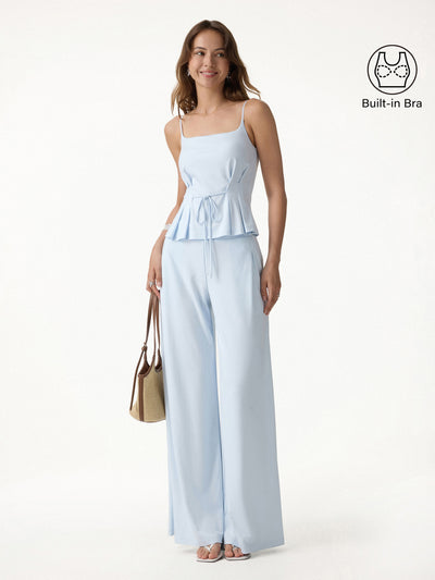 OGLmove 2Pcs Set Spaghetti Bra Top & Wide Leg Pants with Pockets Blue Air XS