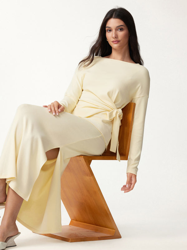 OGLmove 2Pcs Set Boatneck Long Sleeve Top & Mid-Rise Side-Slit Column Midi Skirt Butter Cream XXS