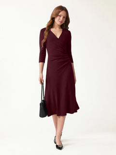 OGLmove LiteWarm Surplice 3/4 Sleeve Side-Tuck Midi Dress Ruby Red XXS
