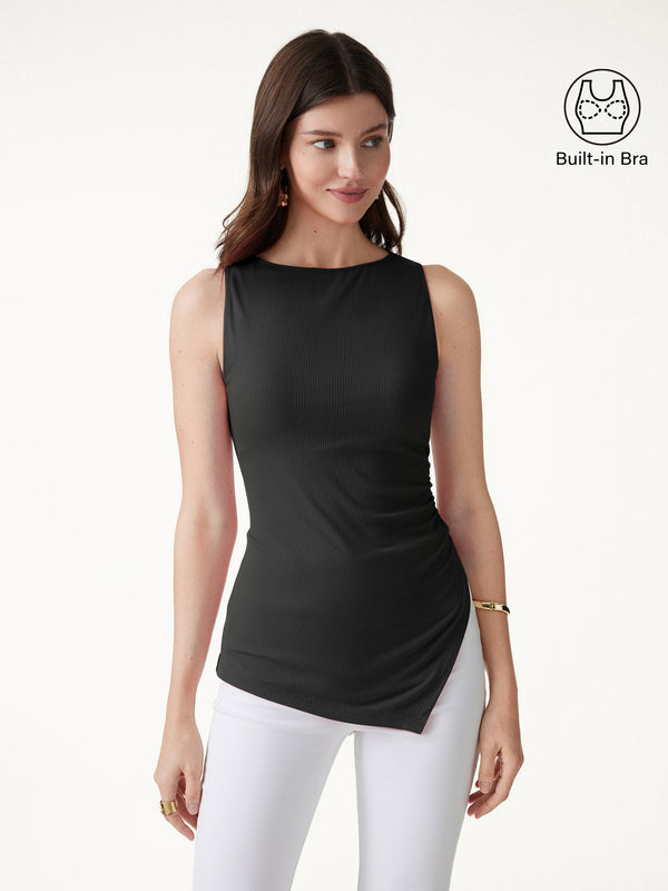 OGLmove Boatneck Ruched Asymmetrical Bra Top Black XS