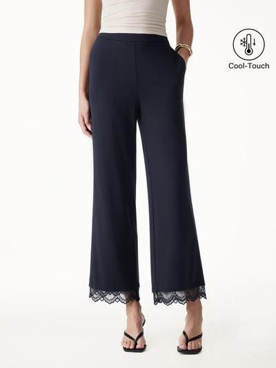 OGLmove Lace Trim Draped Mid Rise Wide Leg Pants with Pockets Regular Black
