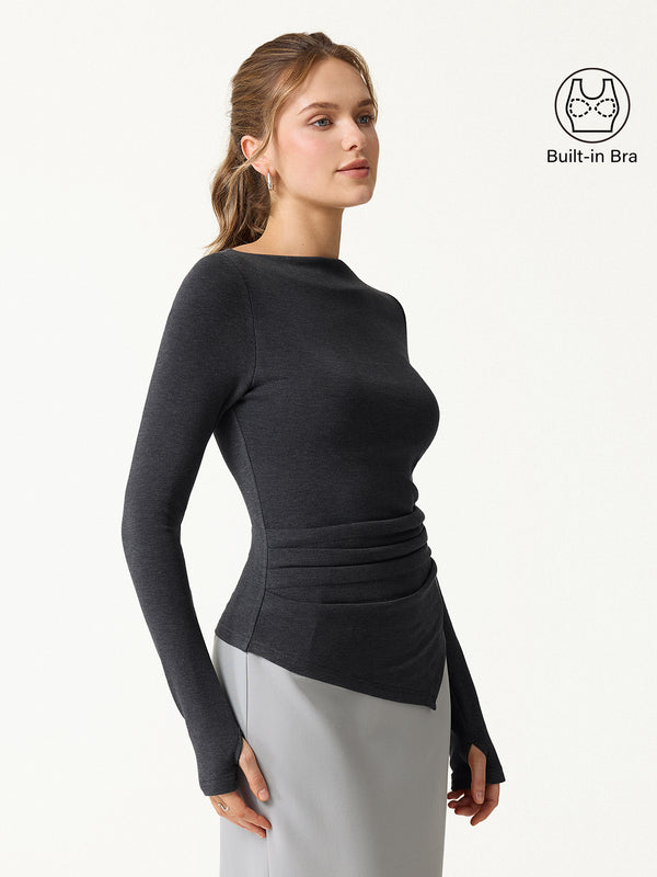 OGLmove ProWarm Boatneck Side Tucks Asymmetrical Brami Heather Night Charcoal XXS