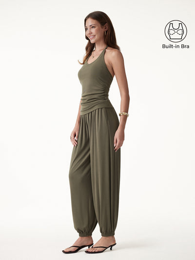 OGLmove 2Pcs Set Open Back Bra Top & Balloon Pants with Pockets Olive XS