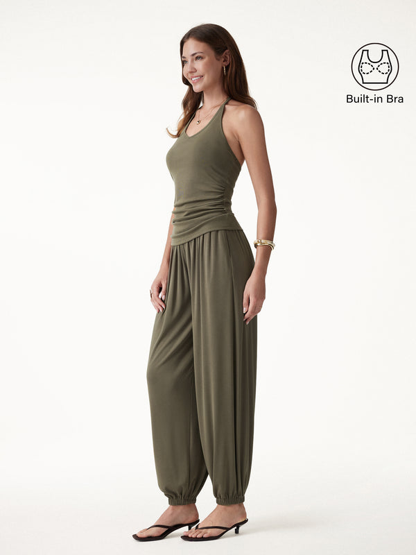 OGLmove 2Pcs Set Open Back Bra Top & Balloon Pants with Pockets Olive XS