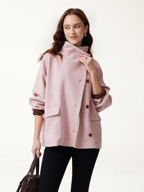 OGLmove FuzzLuxe Mock Neck Long Sleeve Button-Down Jacket with Pockets Heather Millennial Pink XXS