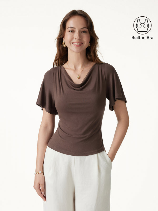 OGLmove Cowl Neck Flutter Sleeve Bra Top Chocolate Brown XS