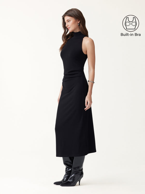 ProWarm Turtleneck Sleeveless Side-Tuck Built-In Bra Midi Dress