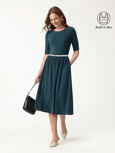 OGLmove Eco-Mousse® Round Neck Elbow Sleeve Fit-and-Flare Midi Bra Dress with Pockets Forest Night XXS