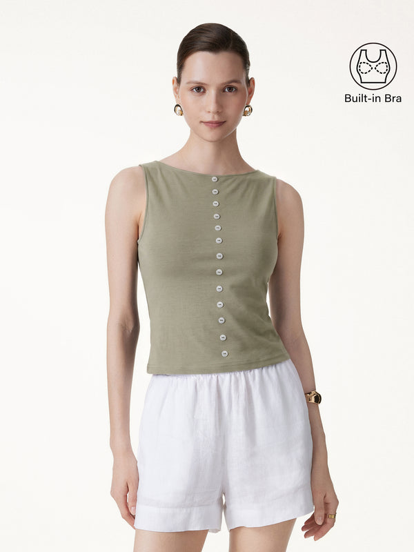 OGLmove Cotton-Linen Boatneck Cropped Bra Top Tate Khaki XS