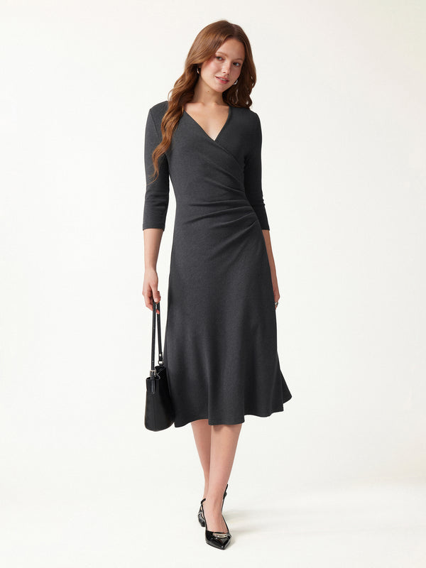 OGLmove Eco-Mousse® Surplice 3/4 Sleeve Side-Tuck Midi Dress Heather Night Charcoal XXS