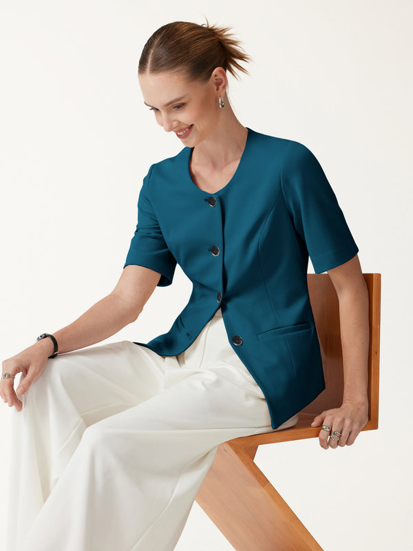 OGLmove Ponte Office Round Neck Elbow Sleeve Jacket with Pockets Dark Marine XXS