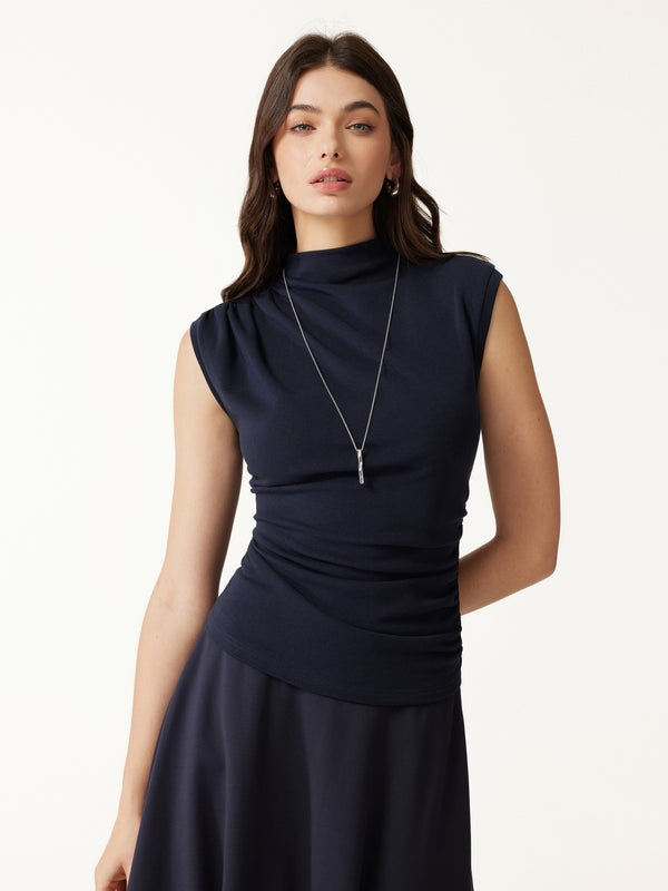 OGLmove Eco-Mousse® Mock Neck Sleeveless Ruched Top Smoky Navy XXS