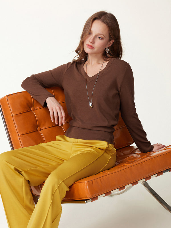 OGLmove Eco-Mousse® V-Neck Long Sleeve Banded Hem Top Sweet Hazelnut XXS