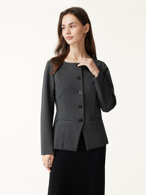 OGLmove Ponte Office Round Neck Long Sleeve Jacket with Pockets Heather Black Grey XXS
