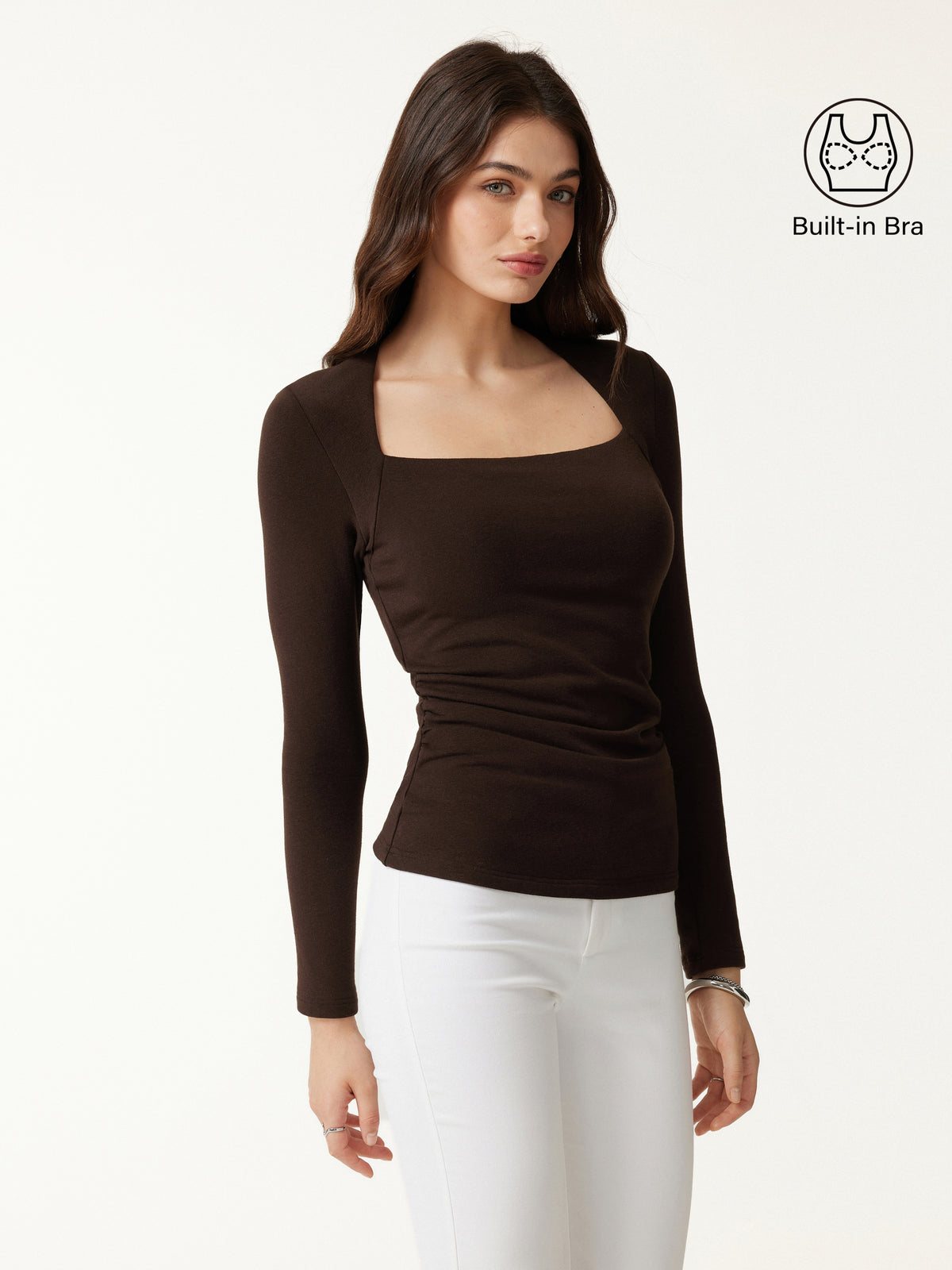 ProWarm Trapeze Neck Long Sleeve Ruched Built Bra Top 2.0