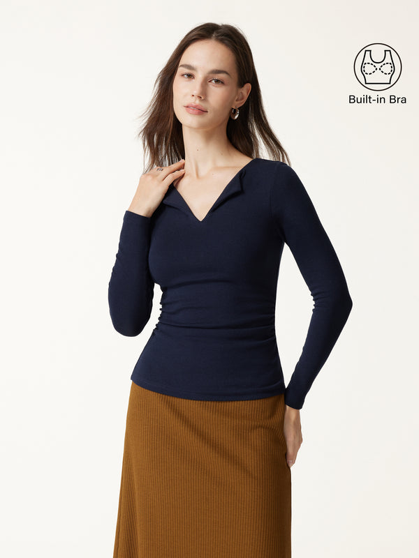 OGLmove Eco-Mousse® Flapped V-Neck Long Sleeve Ruched Bra Top Smoky Navy XXS