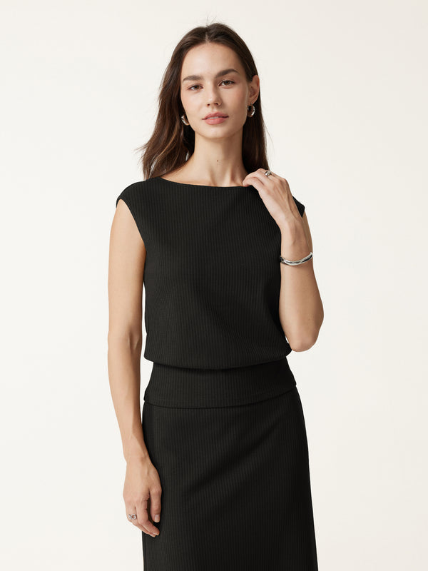 OGLmove Textured Cotton Blend Boatneck Sleeveless Banded Hem Top Black XXS