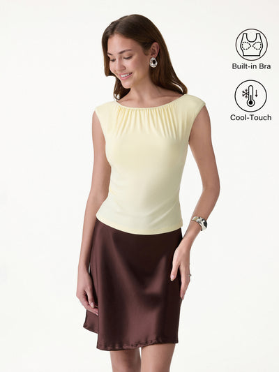 OGLmove CoolTouch Gathered Boatneck Cap Sleeve Bra Top Pale Yellow XS
