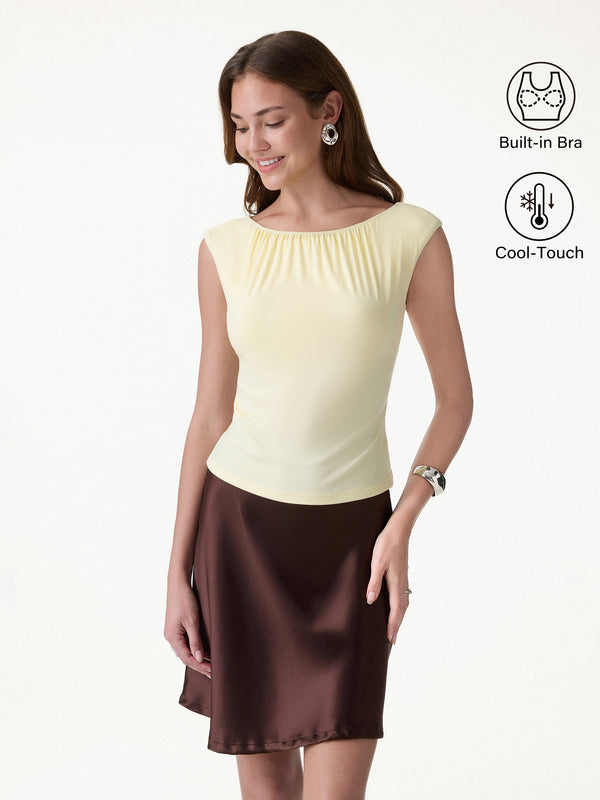 OGLmove CoolTouch Gathered Boatneck Cap Sleeve Bra Top Pale Yellow XS