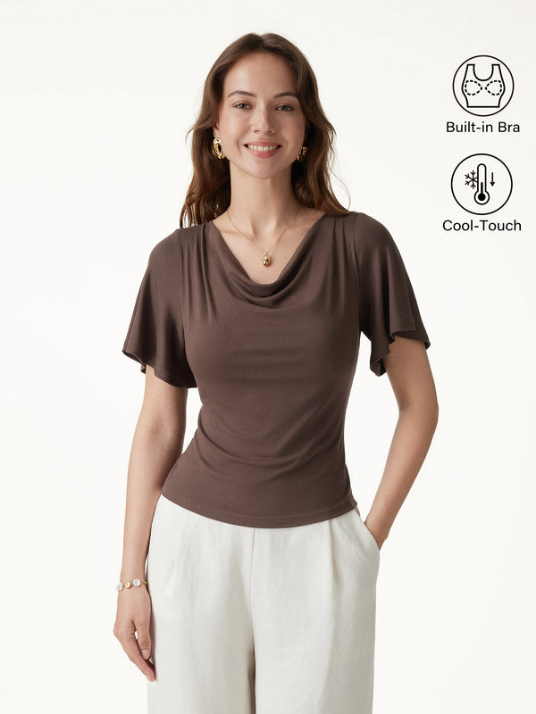OGLmove Cowl Neck Flutter Sleeve Bra Top (Copy) Chocolate Brown XS