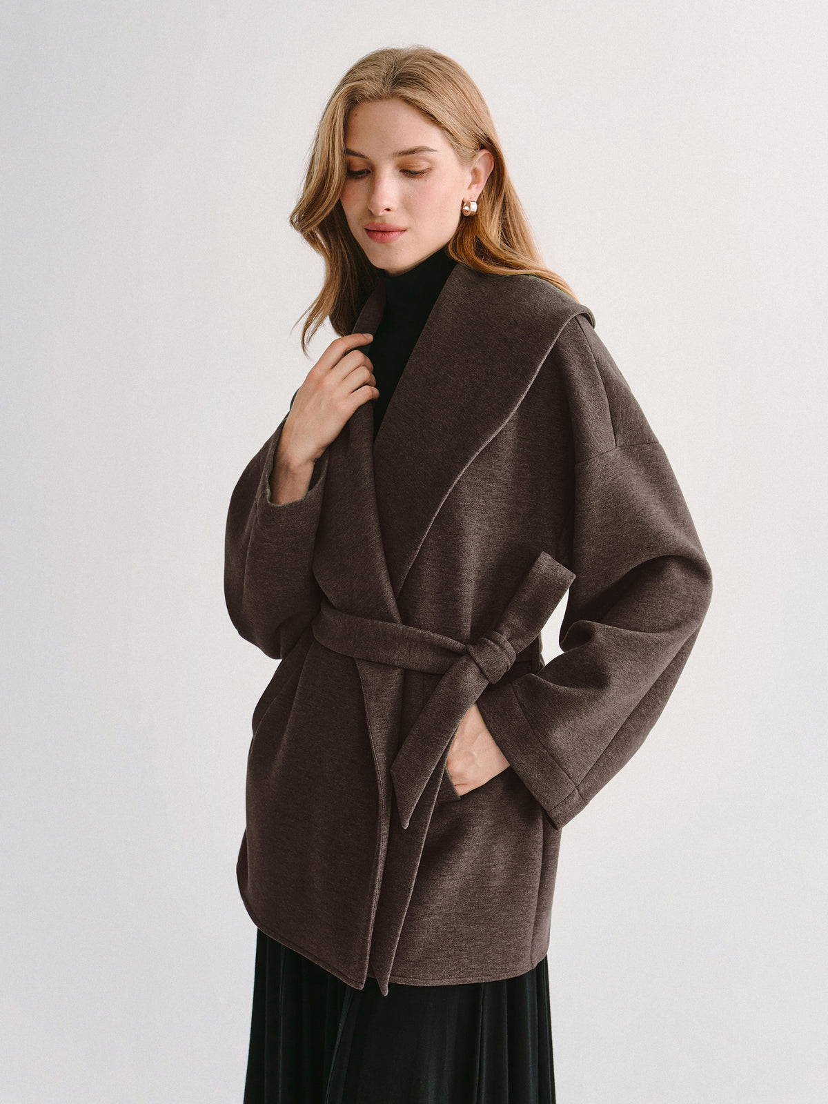 FuzzLuxe Draped Shawl Collar Long Sleeve Belted Jacket