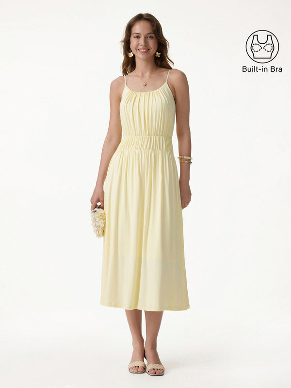 OGLmove Vacay Gathered U-Neck Spaghetti Midi Bra Dress with Pockets Pale Yellow XS