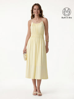 OGLmove Vacay Gathered U-Neck Spaghetti Midi Bra Dress with Pockets Pale Yellow XS