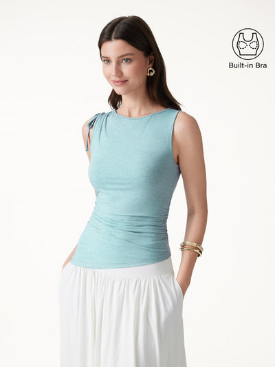 OGLmove Bamboo Heathered Boatneck Ruched Bra Top Heather Bubble Blue XS