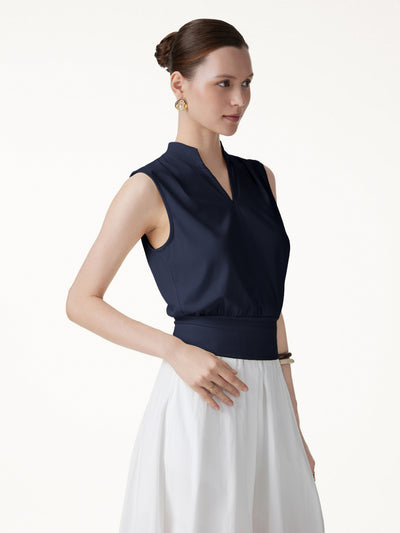 OGLmove Cotton-Viscose V-neck Stand Collar Sleeveless Top Navy XS