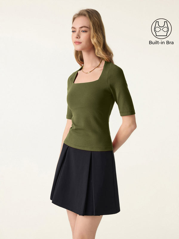 Cotton Lyocell Trapeze Neck Elbow Sleeve Brami Bright Olive XS