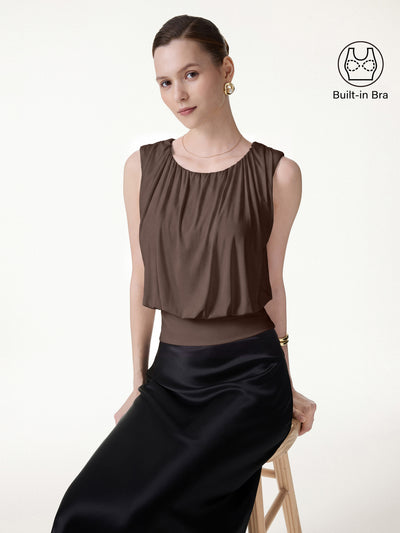 OGLmove Round Neck Gathered Sleeveless Bra Top Cocoa XS