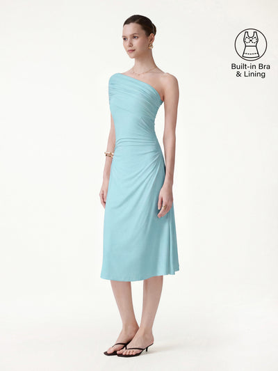 OGLmove Not-See-Thru One Shoulder Gathered Midi Bra Dress Sea Corn XS