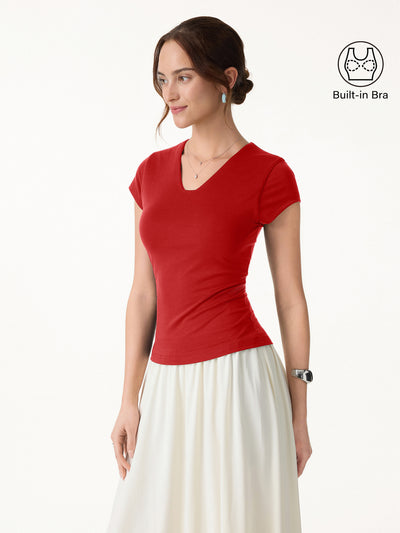 OGLmove Cool Smooth V-Neck Cap Sleeve Bra Top Scarlet Red XS