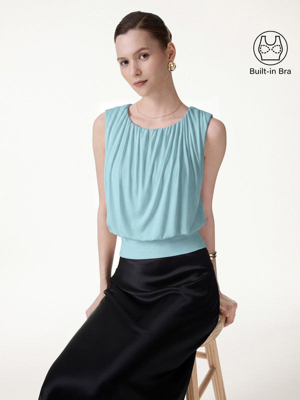 OGLmove Round Neck Gathered Sleeveless Bra Top Sea Corn XS
