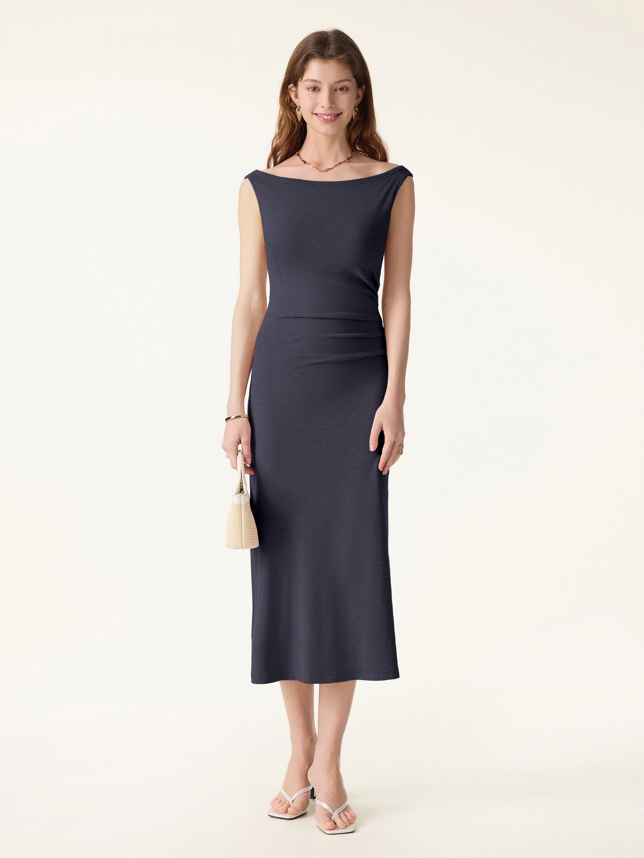 Elegant Boatneck Tucked Fit Flare Midi Bra Dress