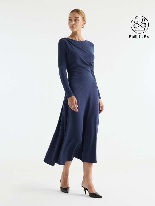OGLmove LiteWarm Boatneck Asymmetrical Ruched Built-In Bra 3.0 Midi Dress