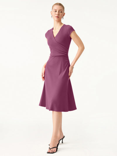 OGLmove Stretch Cotton Surplice V-neck Cap Sleeve Midi Dress Hot Fuschia XS