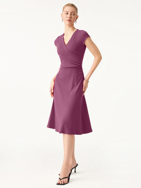 OGLmove Stretch Cotton Surplice V-neck Cap Sleeve Midi Dress Hot Fuschia XS