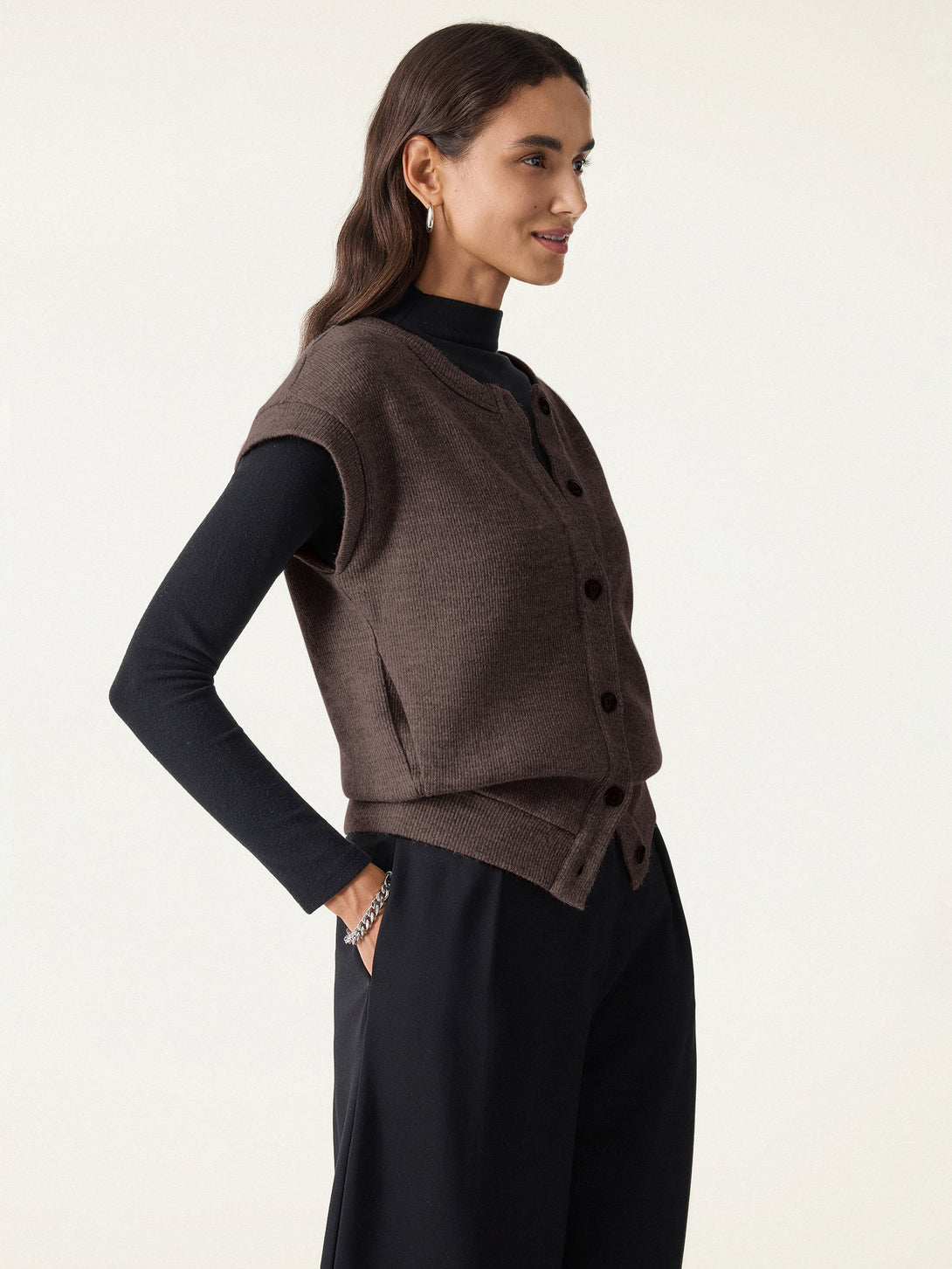 Cozy Crewneck Button Front Vest with Banded Hem Black Chocolate XS