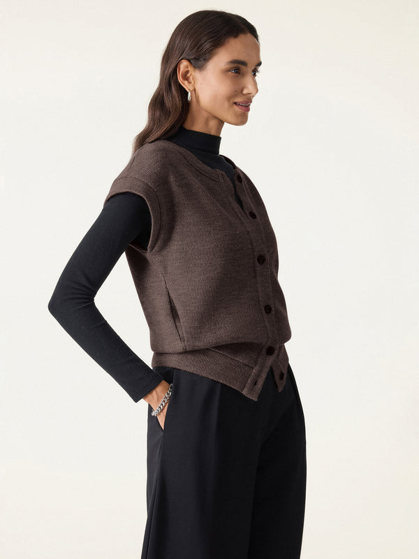 Cozy Crewneck Button Front Vest with Banded Hem Black Chocolate XS