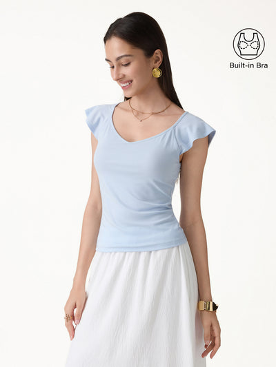 OGLmove Matte Smooth Diamond Neck Flutter Sleeve Bra Top Dew Sky Blue XS