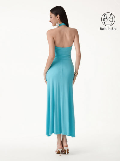 OGLmove CoolTouch Halter A-Line Midi Bra Dress Iced Aqua Blue XS