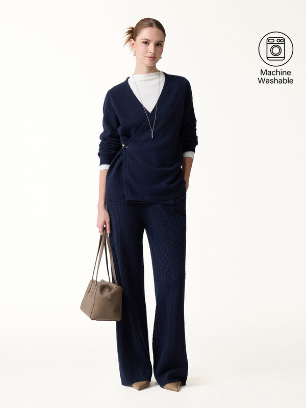 OGLmove 2Pcs Set V-Neck Long Sleeve Wrap Sweater & Cable-Knit Wide-Leg Pants with Pockets Navy XS