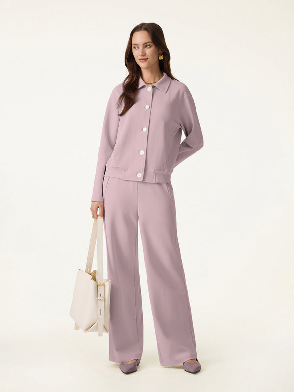 2Pcs Set Collared Button-Front Jacket & Straight Pull-on Pants with Pockets