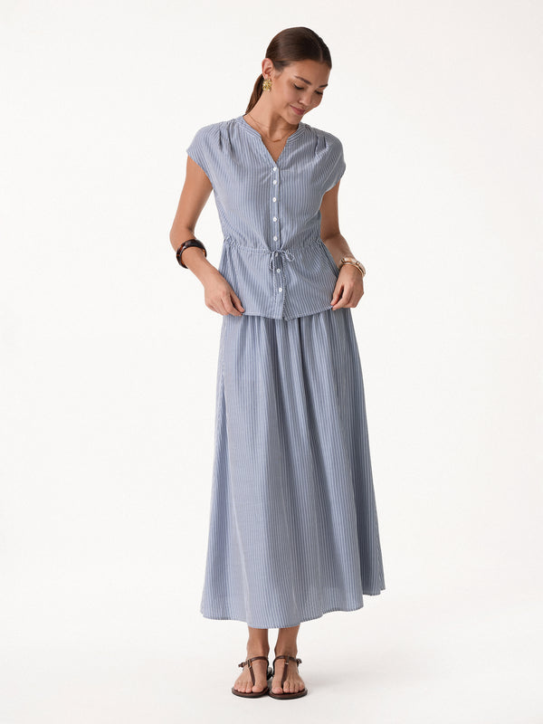 OGLmove 2Pcs Set Drawstring Waist Poplin Shirt & High Rise Midi Skirt with Pockets Navy/White Stripe XS